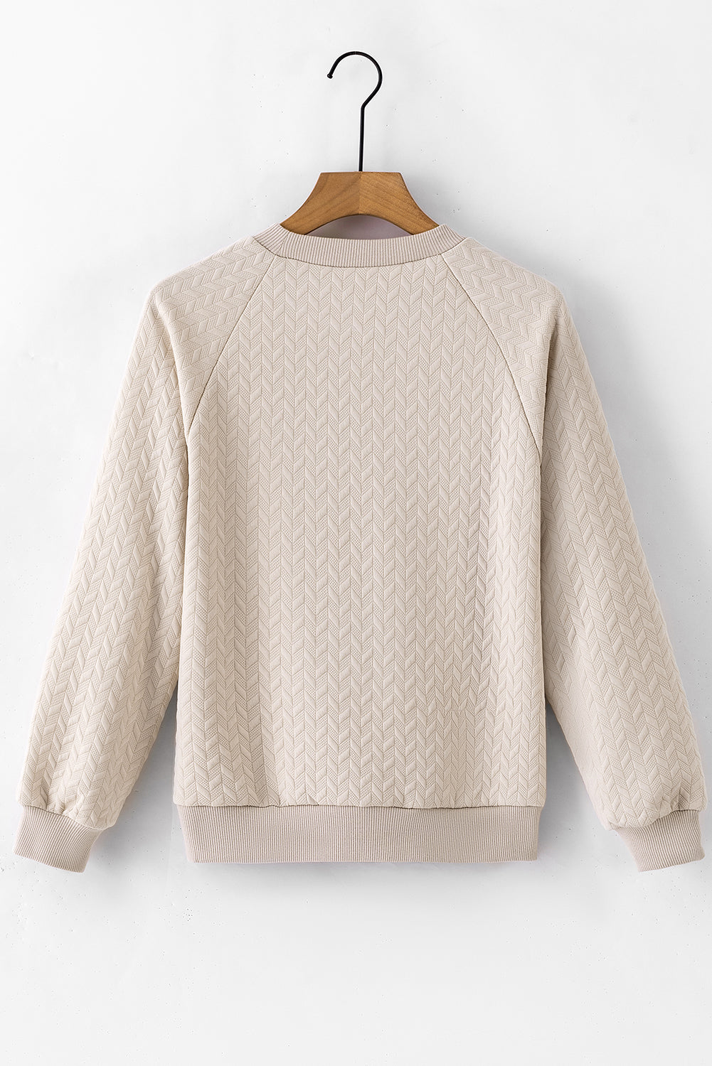 Beige Solid Textured Raglan Sleeve Pullover Sweatshirt - SELFTRITSS   