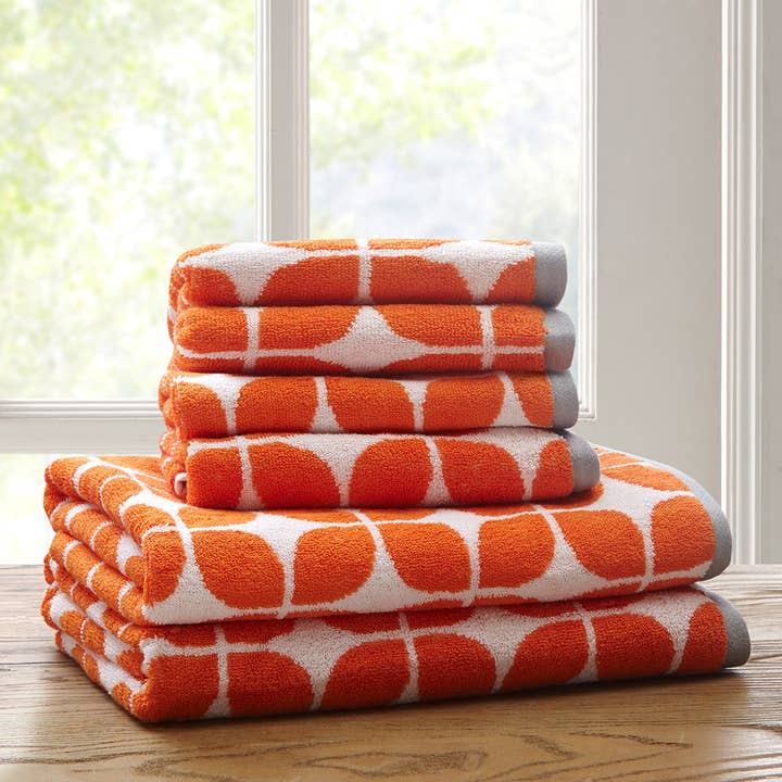 6-Piece Cotton Jacquard Bathroom Towel Set, Orange - SELFTRITSS