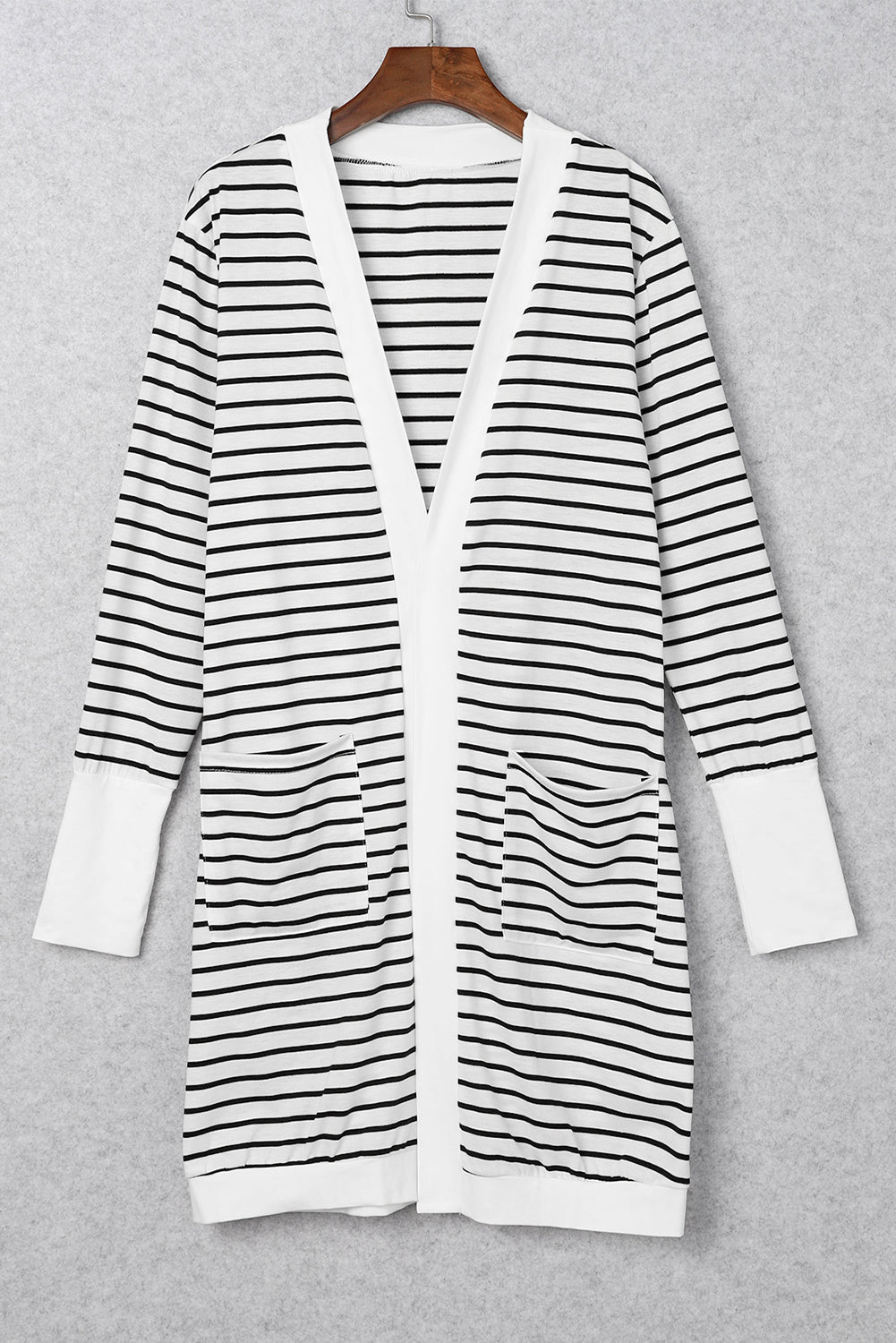 White Striped Side Pockets Open Front Cardigan - SELFTRITSS