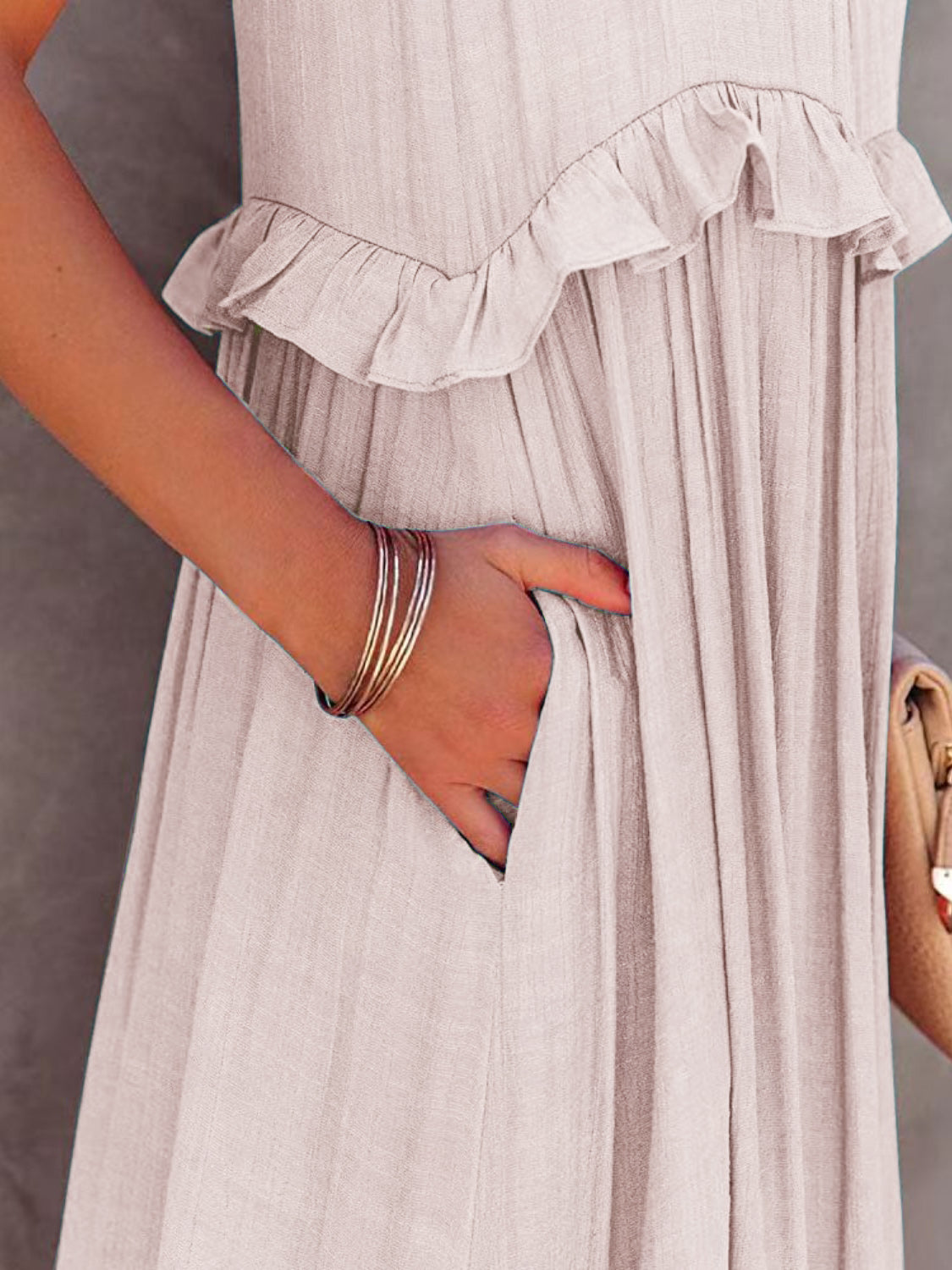 Ruffled Sleeveless Tiered Maxi Dress with Pockets - SELFTRITSS