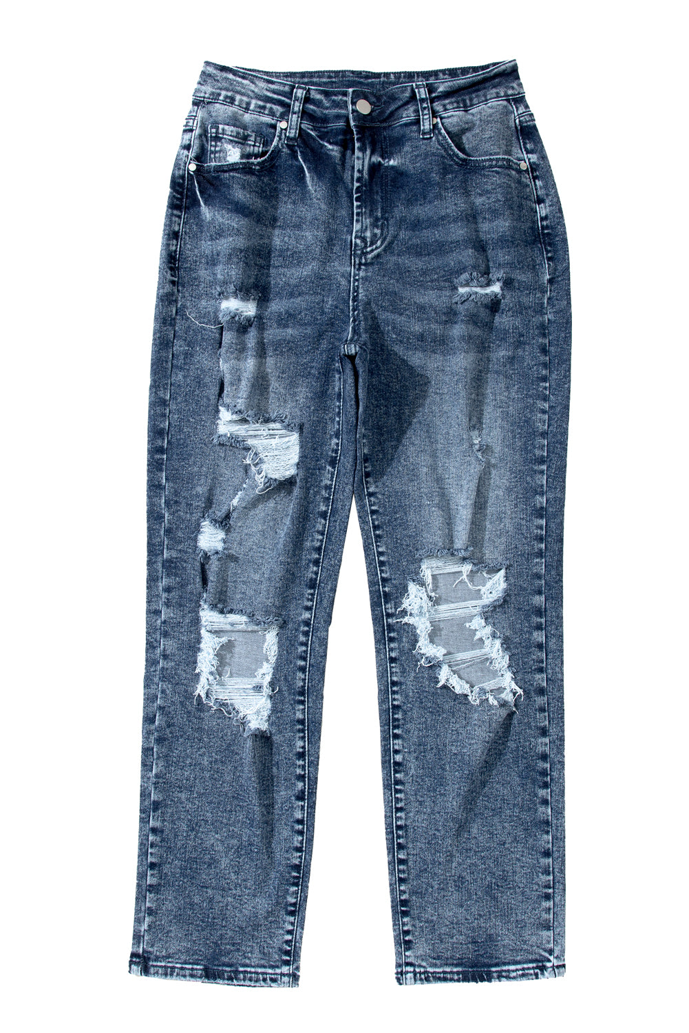 Navy Blue Light Wash Frayed Slim Fit High Waist Jeans - SELFTRITSS