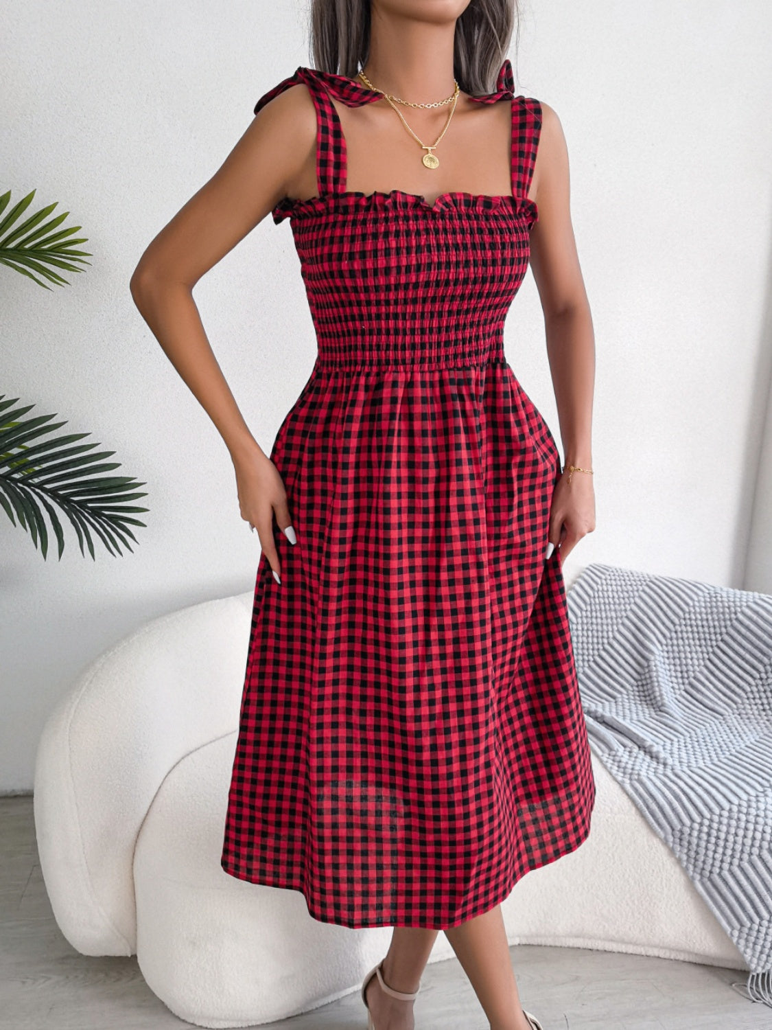 Frill Plaid Square Neck Midi Dress - SELFTRITSS   