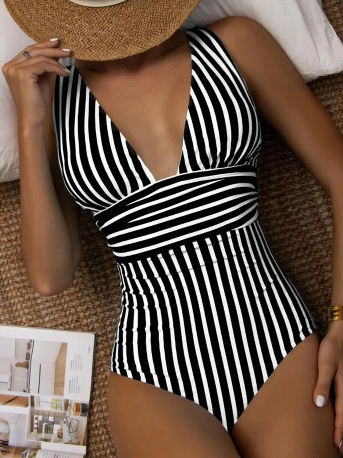 Striped Plunge Sleeveless One-Piece Swimwear - SELFTRITSS