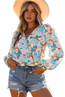 Sky Blue Floral Print Wrap Long Sleeve Bodysuit - SELFTRITSS