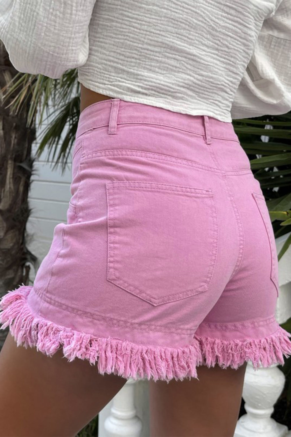 Pink Frayed Edge Mid Rise Denim Shorts - SELFTRITSS