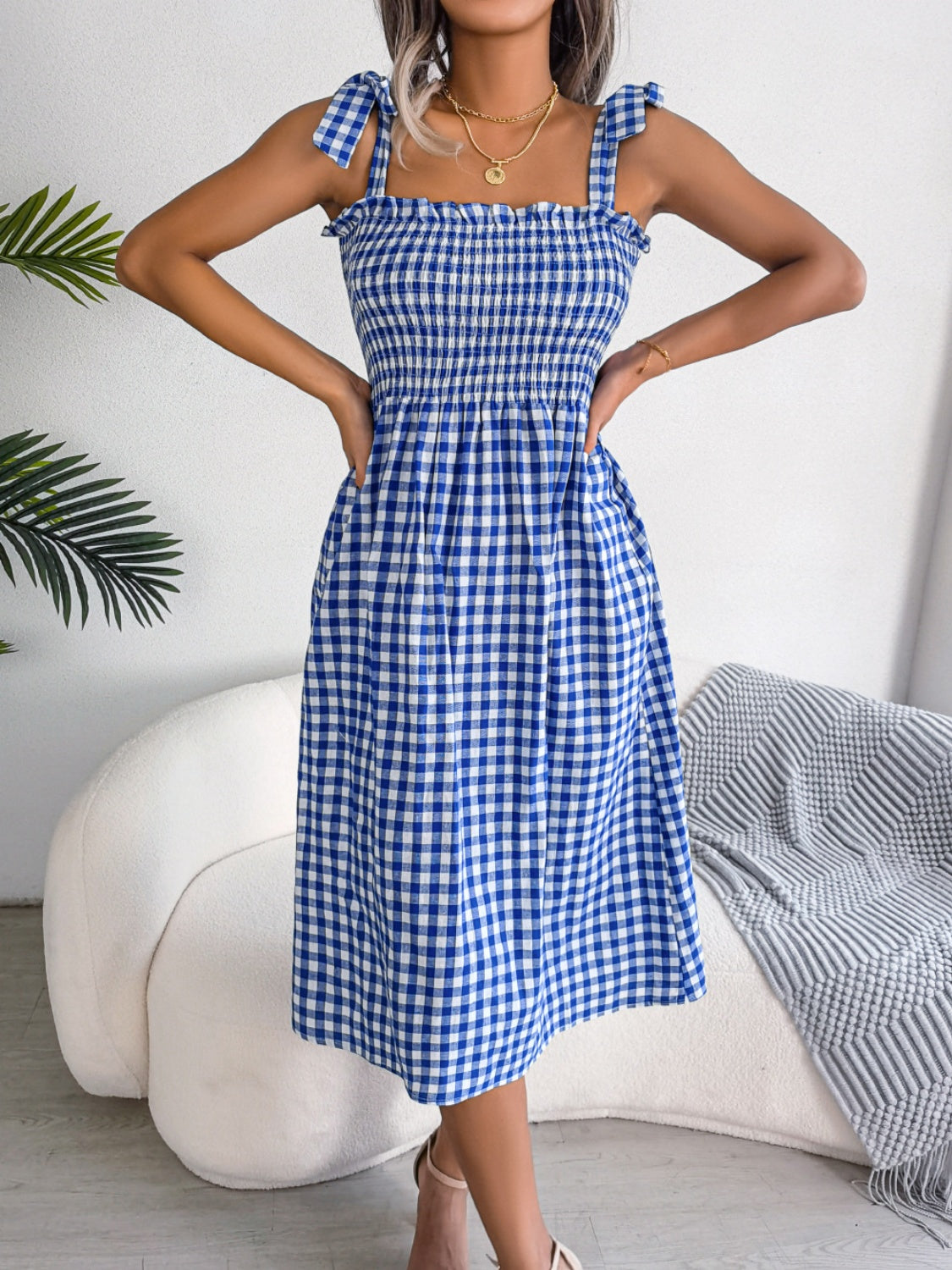 Frill Plaid Square Neck Midi Dress - SELFTRITSS   