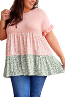 Pink Ruffled Short Sleeve Leopard Splicing Flowy Plus Size Top - SELFTRITSS   