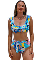 Green Tropical Print Ruffled Square Neck Tie High Waist Swimsuit - SELFTRITSS