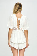 Flutter Sleeved Short Romper with Crochet Trim - SELFTRITSS   