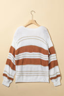 White Striped Knit Puff Sleeve Casual Sweater - SELFTRITSS