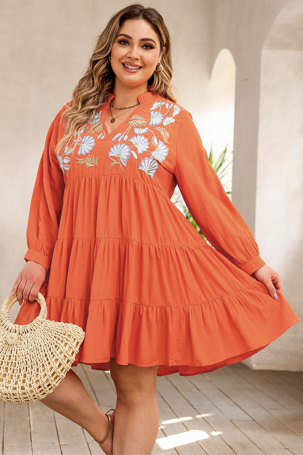 Orange Plus Size Embroidered Tiered Ruffle Dress - SELFTRITSS