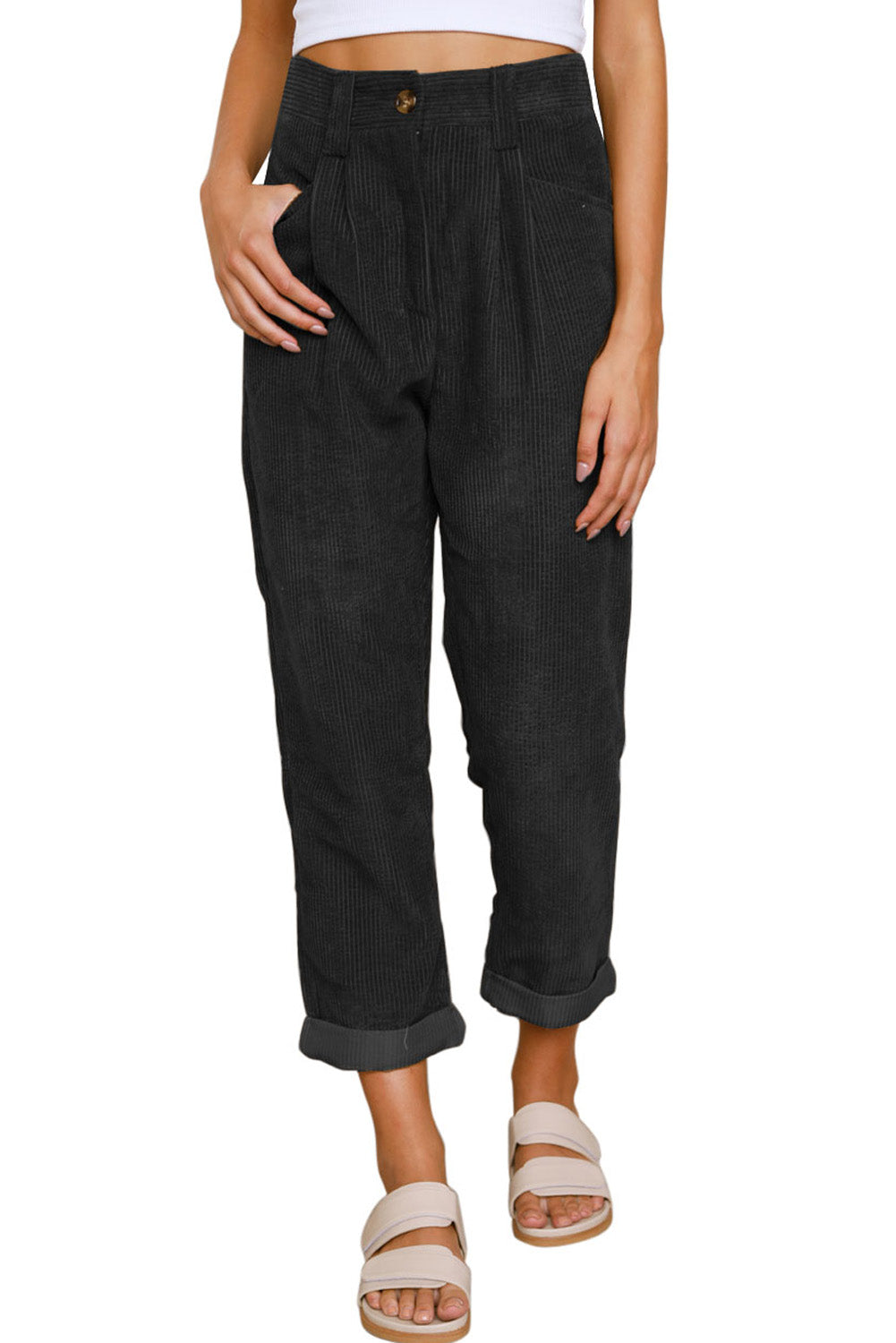 Black Corduroy High Waist Straight Leg Pants - SELFTRITSS   