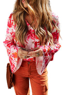 Pink Floral Print Tiered Bell Long Sleeve Buttoned Bodysuit - SELFTRITSS