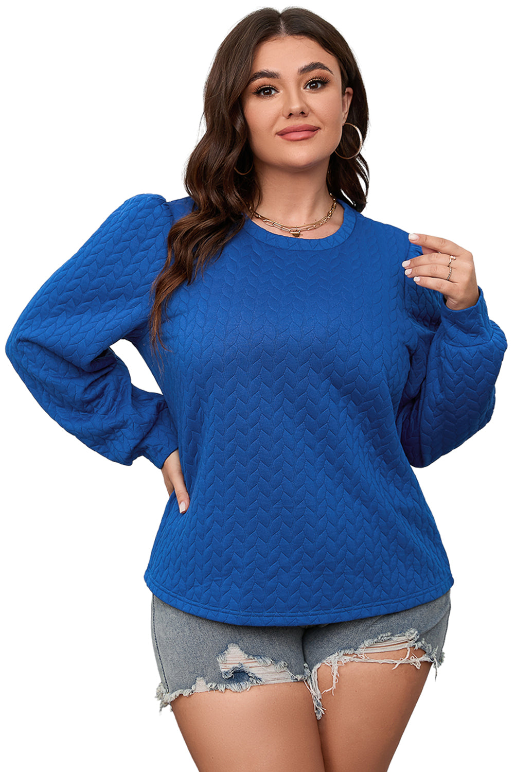 Dark Blue Cable Pattern Puff Sleeve Plus Size Top - SELFTRITSS   