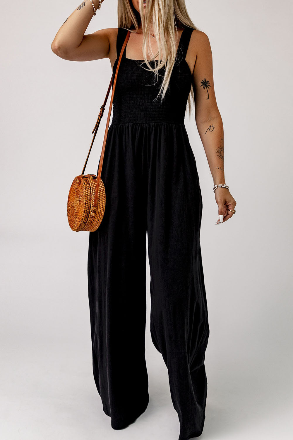 Black Smocked Sleeveless Wide Leg Jumpsuit with Pockets - SELFTRITSS