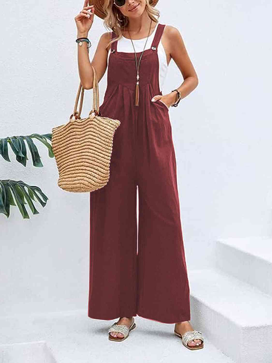 Full Size Wide Leg Overalls with Pockets - SELFTRITSS