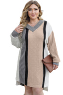 Apricot Mixed Boucl Color Block Plus Size Sweater Dress - SELFTRITSS