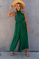 Green Halter Neck Pleated Wide Leg Jumpsuit with Belt - SELFTRITSS   