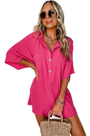 Bright Pink Half Button Collared Loose Romper - SELFTRITSS   