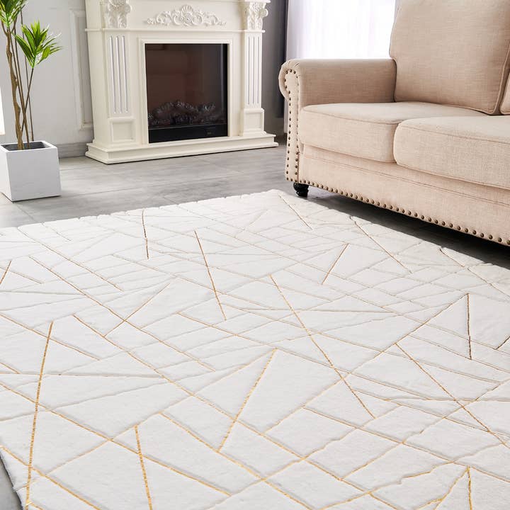 Lily White Geometric Abstract Gold-Gilded Faux Fur Rug