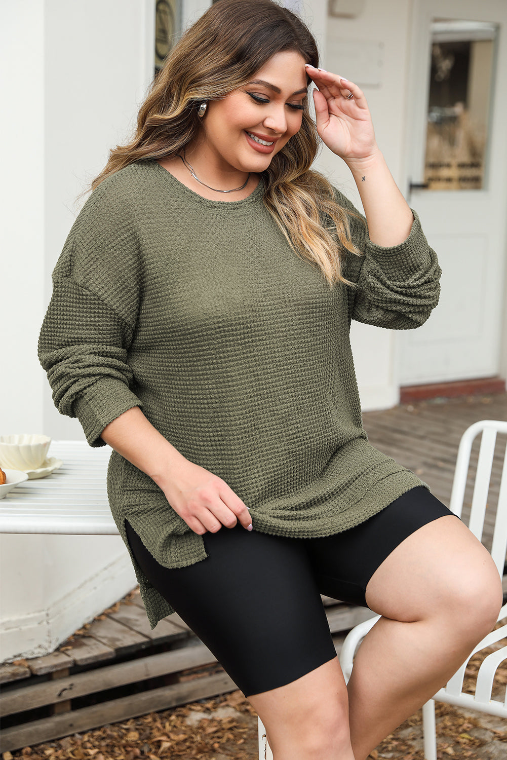 Moss Green Plus Size Textured Knit Long Sleeve Top - SELFTRITSS