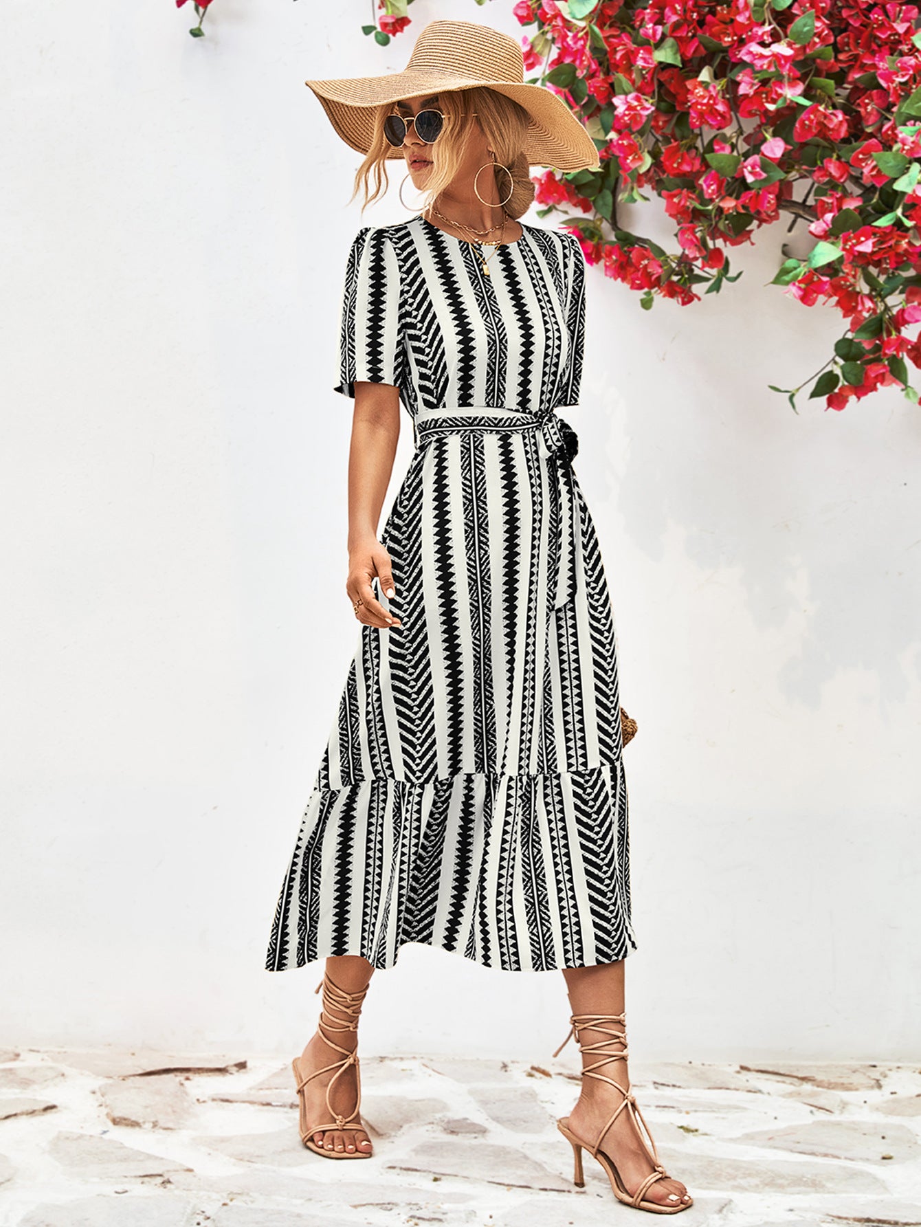 Striped Tie Belt Round Neck Puff Sleeve Dress - SELFTRITSS   