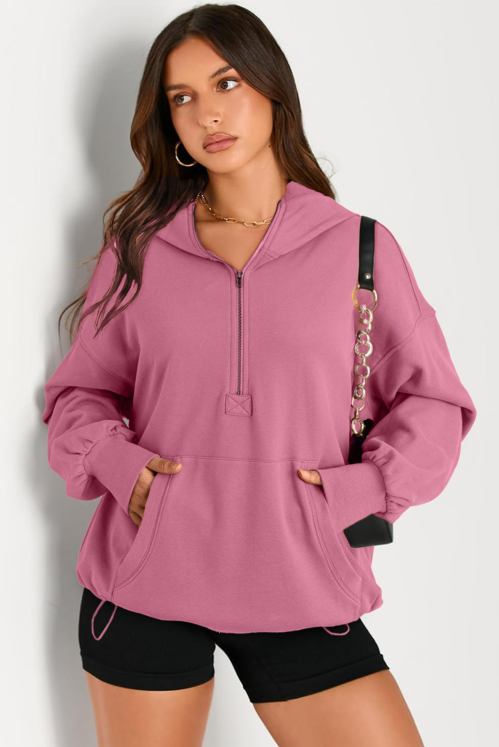 Pocketed Half Zip Long Sleeve Hoodie - SELFTRITSS   