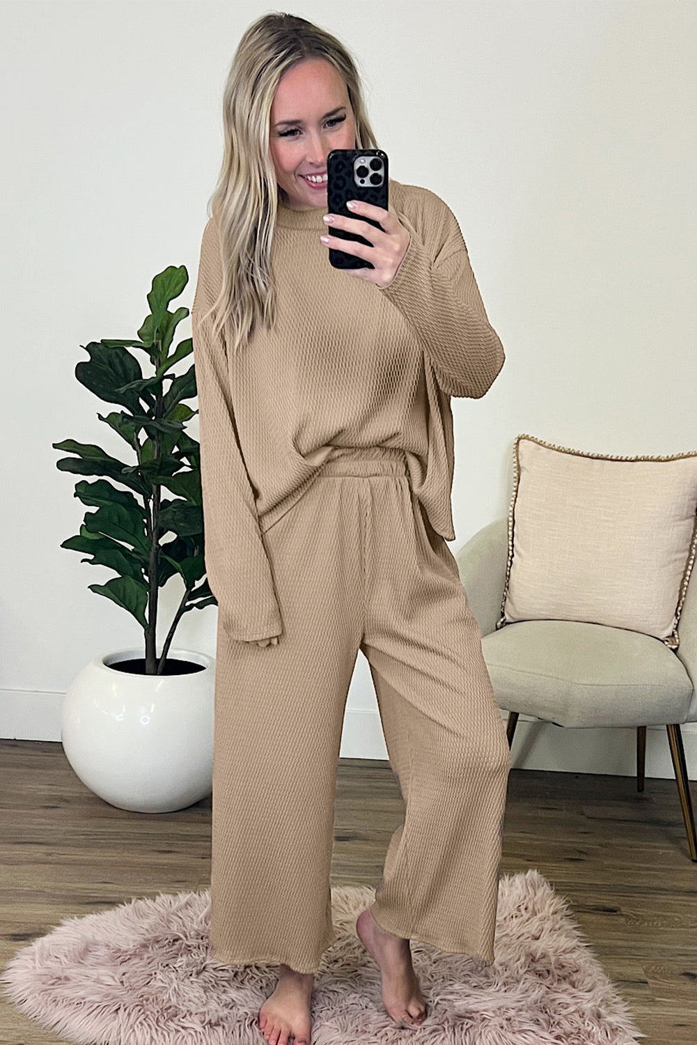 Smoke Gray Loose Textured Pullover and Pants Outfit - SELFTRITSS   