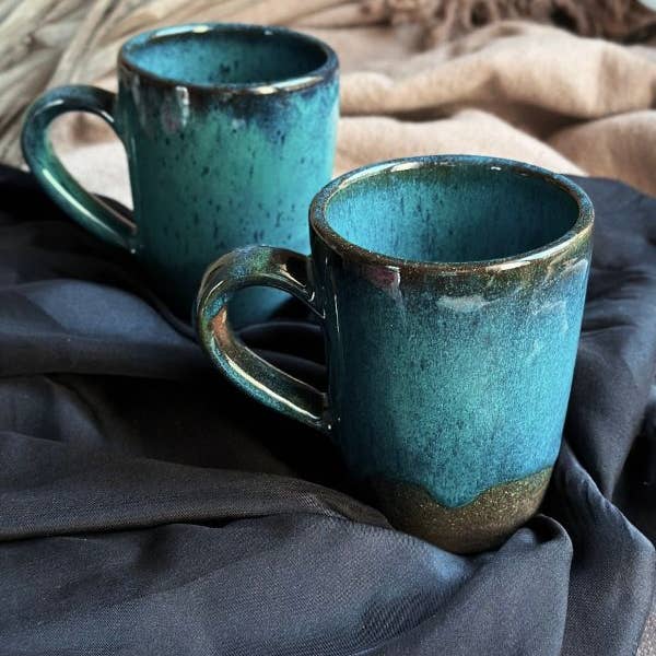 Turquoise & Black Mug w/ Hints of Blue & Brown Coffee Mug Set of 4 - SELFTRITSS