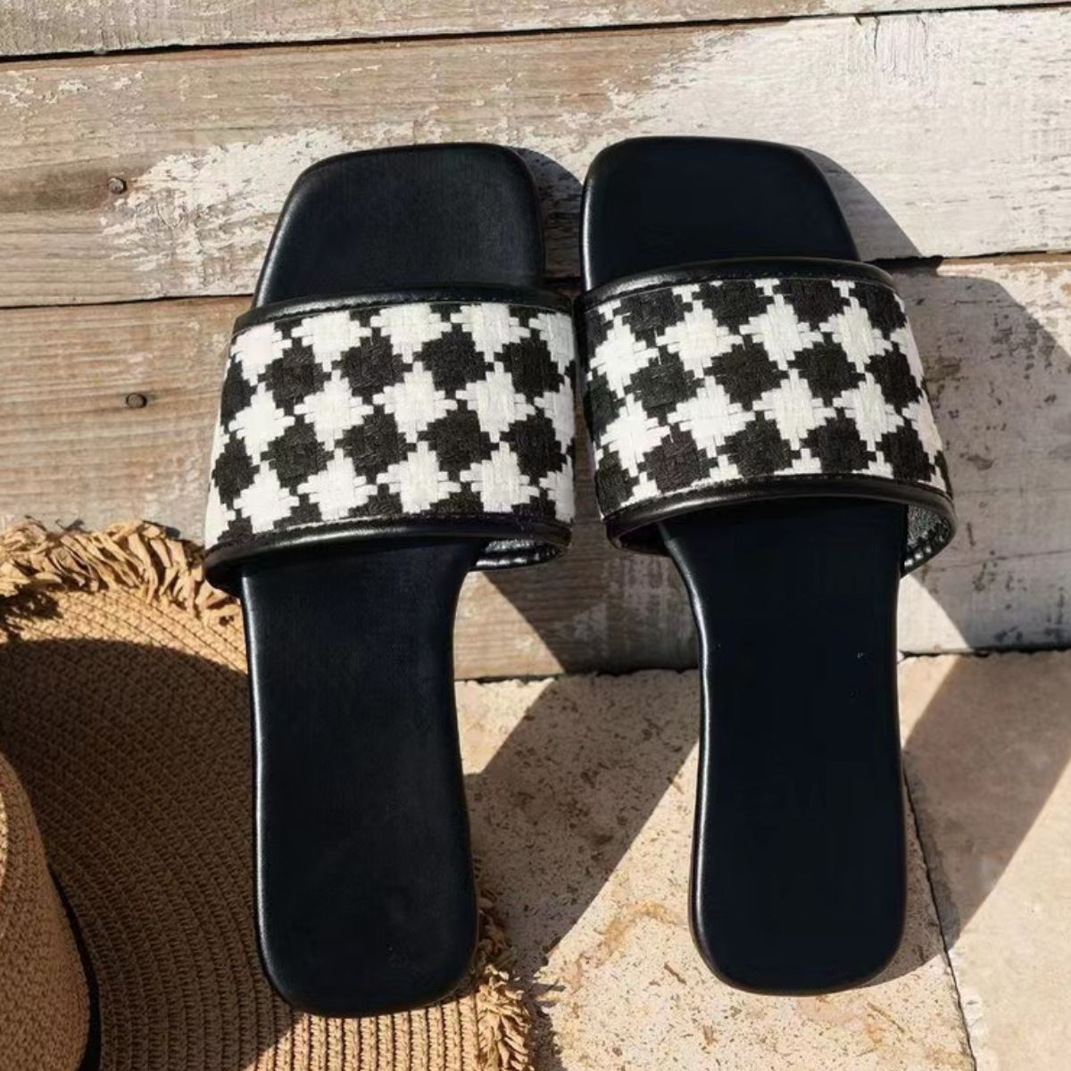 Plaid Open Toe Flat Sandals - SELFTRITSS