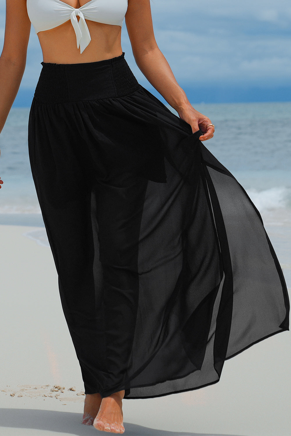 Black Shirred High Waist Chiffon Split Beach Maxi Skirt - SELFTRITSS