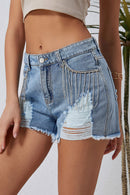 Sky Blue Rhinestone Tassel Distressed Denim Shorts - SELFTRITSS