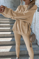 Beige Solid Sweatshirt and Leggings Two Piece Set - SELFTRITSS