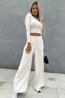 Beige Crop Top and Wide Leg Pants Two Piece Set - SELFTRITSS
