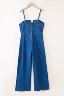 Blue Spaghetti Straps Notch V Denim Jumpsuit - SELFTRITSS   