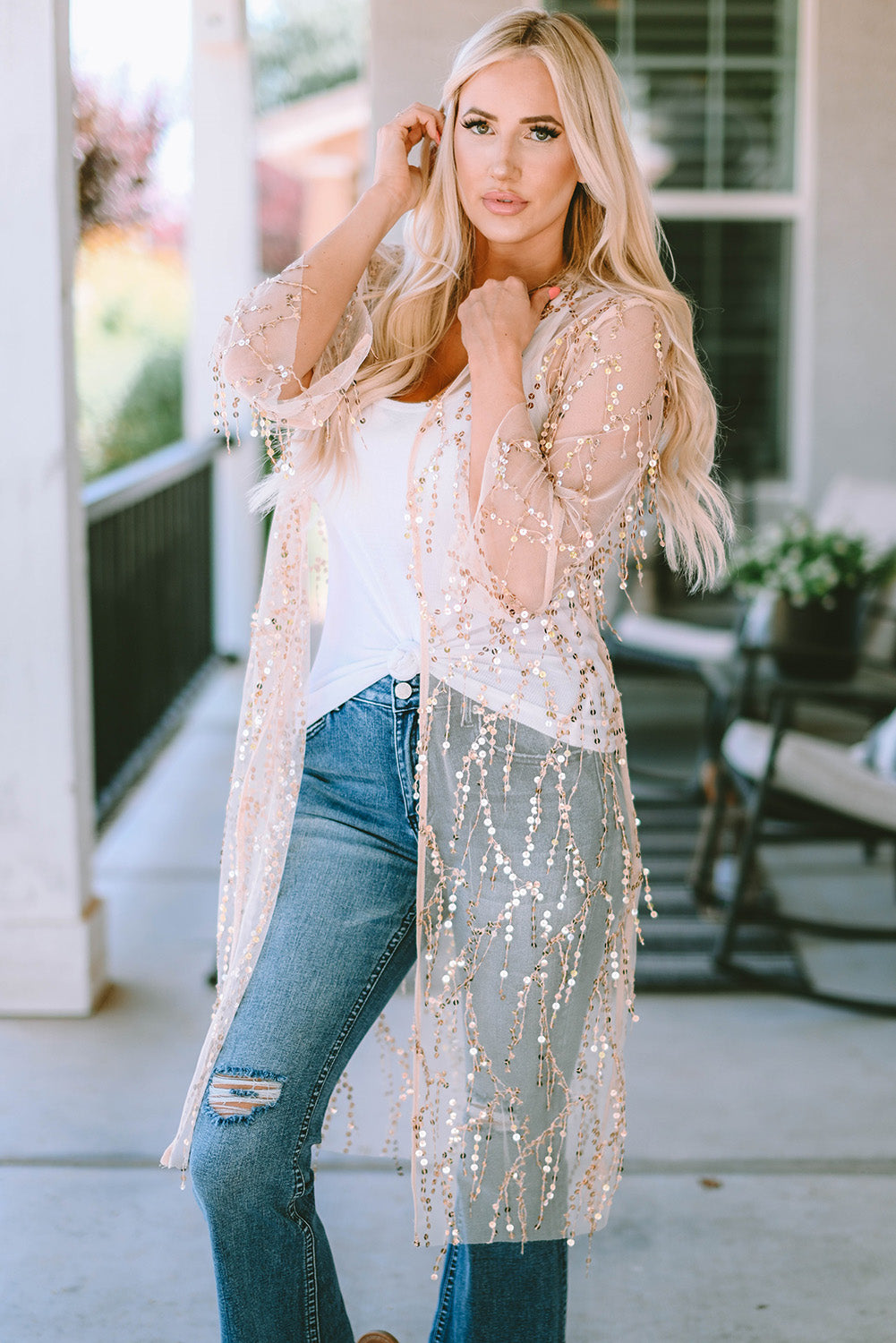 White Sequin Sheer Long Sleeve Open Front Kimono - SELFTRITSS