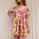 Summer Floral Print V-Neck Lantern-sleeve Dress - SELFTRITSS   