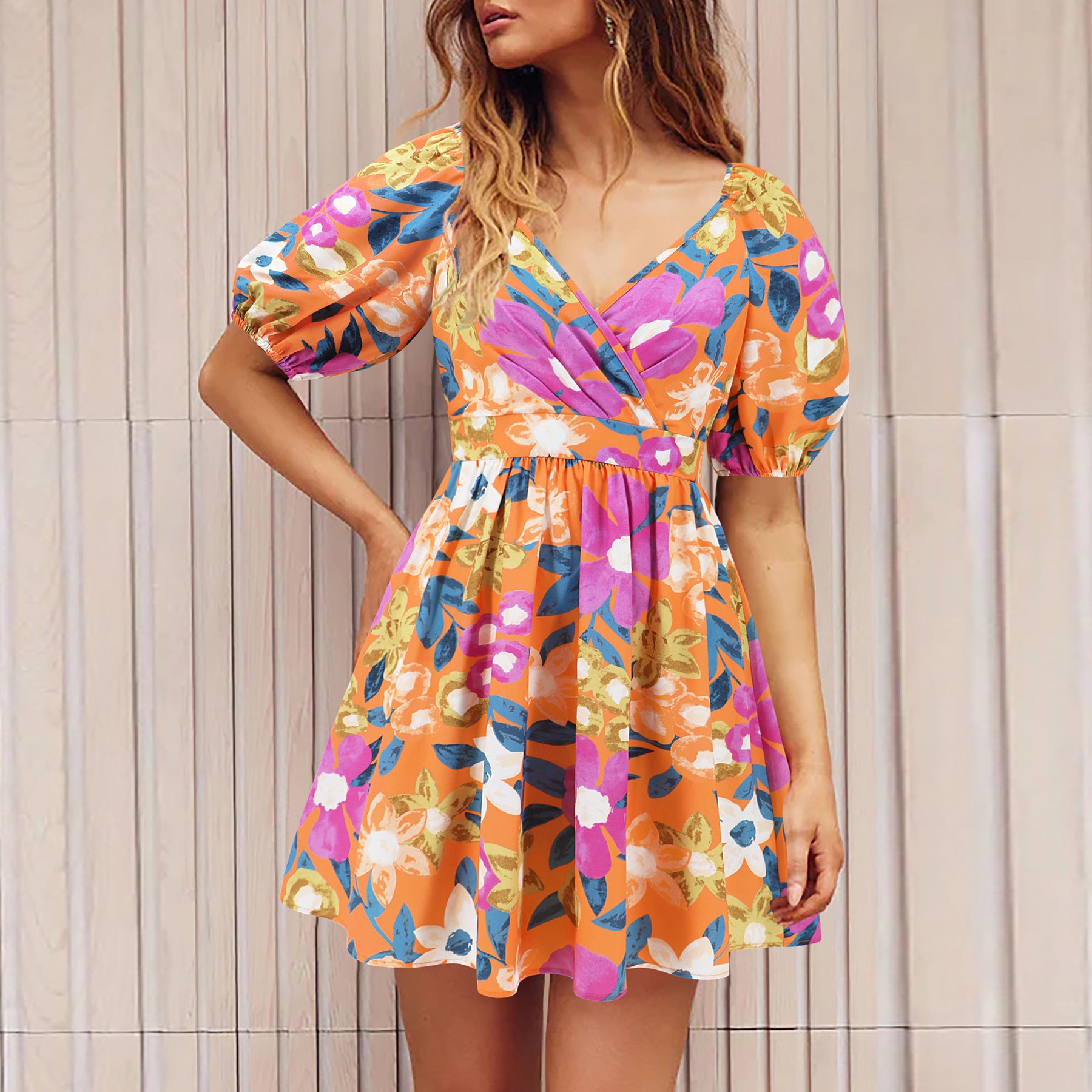 Summer Floral Print V-Neck Lantern-sleeve Dress - SELFTRITSS   