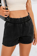 Black Retro Bleach-washed Ruffled Elastic High Waist Denim Shorts - SELFTRITSS