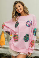 Pink Sequined Easter Egg Drop Shoulder Oversized Sweatshirt - SELFTRITSS