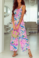 Pink Abstract Floral Painting Smocked Wide Leg Jumpsuit - SELFTRITSS