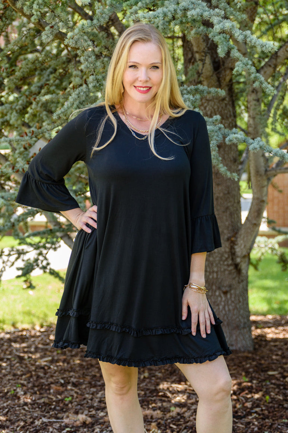 Black Plus Size Ruffled Trim 3/4 Sleeve Dress - SELFTRITSS