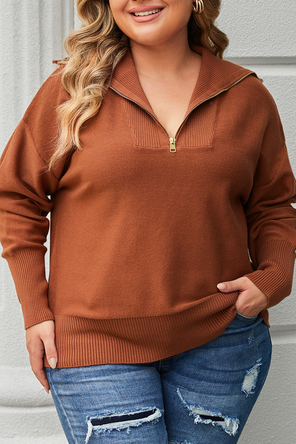 Brown Solid Ribbed Trim Plus Size Zip Collar Sweater - SELFTRITSS