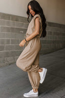 Light French Beige Cap Sleeve Open Back Drawstring Jogger Jumpsuit - SELFTRITSS