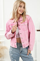 Pink Acid Wash Button Flap Pocket Denim Jacket - SELFTRITSS   