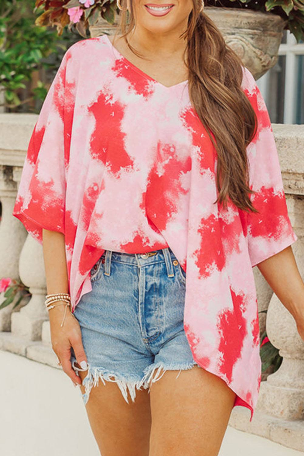 Red Plus Size Tie-dye Print 3/4 Sleeve Tunic Top - SELFTRITSS