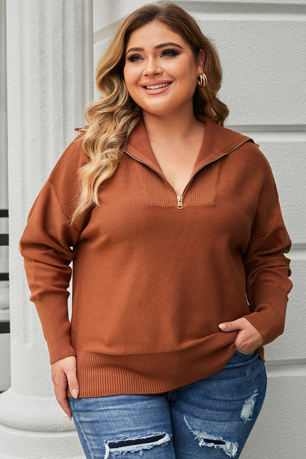 Brown Solid Ribbed Trim Plus Size Zip Collar Sweater - SELFTRITSS