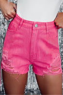 Rose Distressed Slim Fit High Waist Denim Shorts - SELFTRITSS