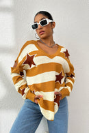 Star Pattern V-Neck Cutout Sweater - SELFTRITSS   