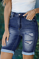 Blue Roll-up Distressed Bermuda Denim Shorts - SELFTRITSS